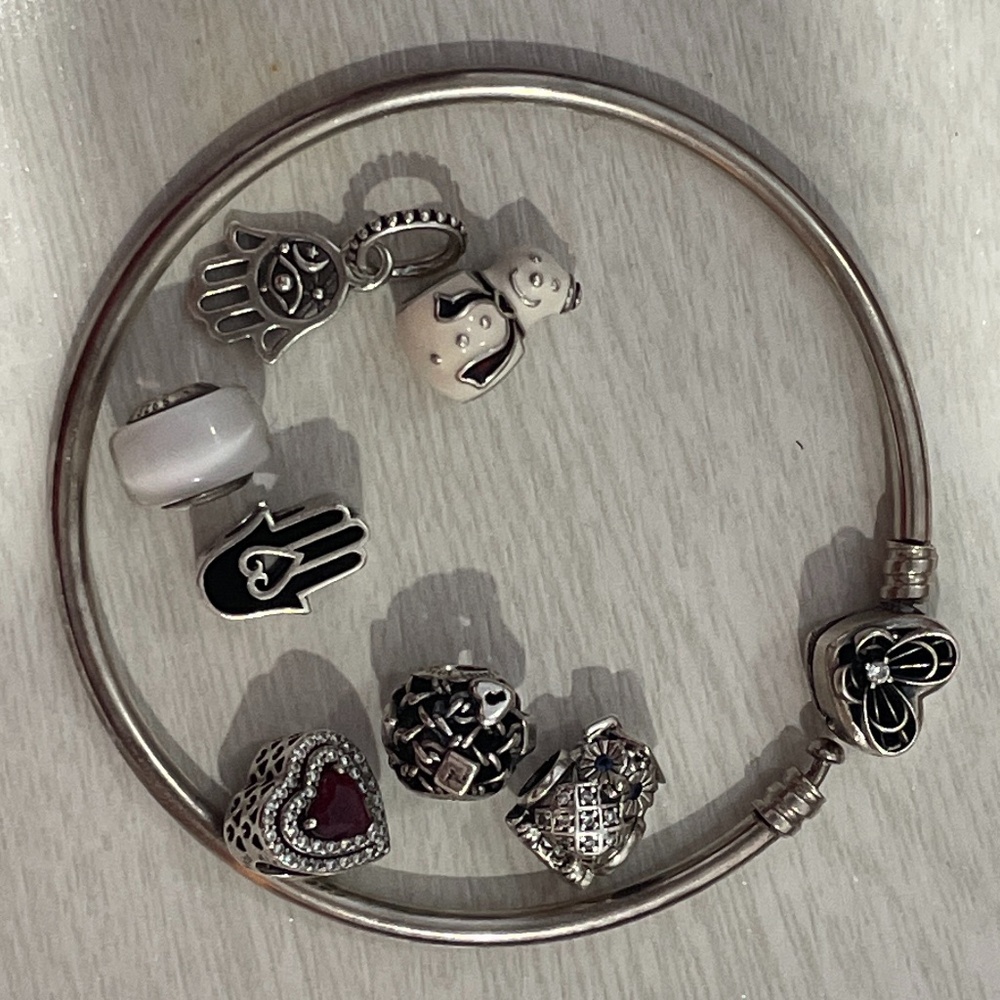 Pandora Heart Clasp Bangle With 7 Pandora Charms - image 1